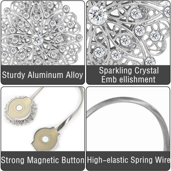 Magnetic Curtain Tiebacks 2 Pack, Crystal Flower Curtain Buckle Decorative - Picture 5 of 6